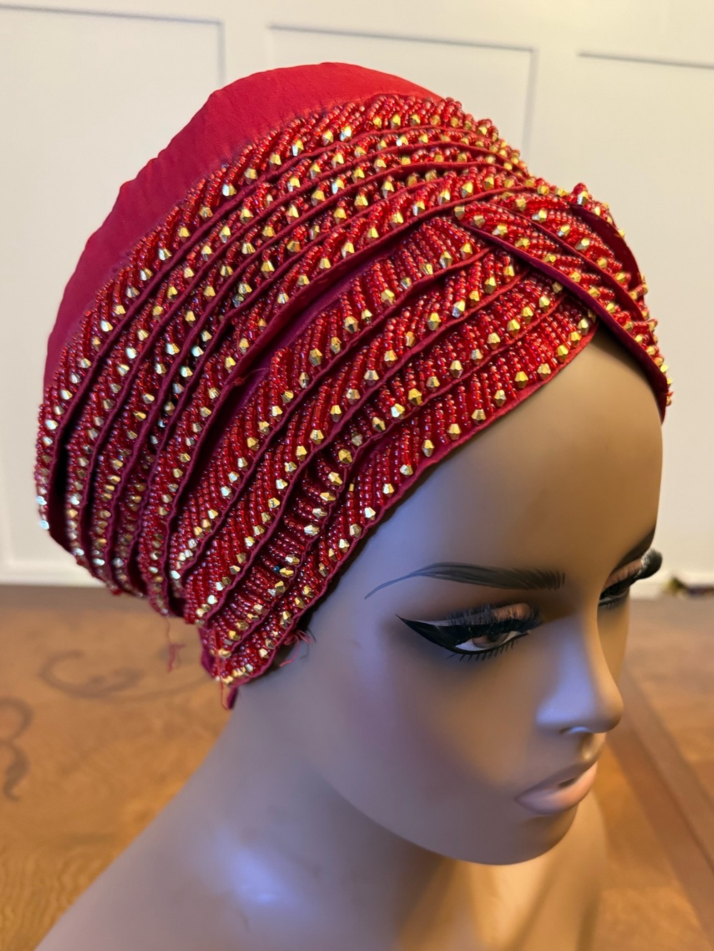 Red Beaded Turban Headwrap